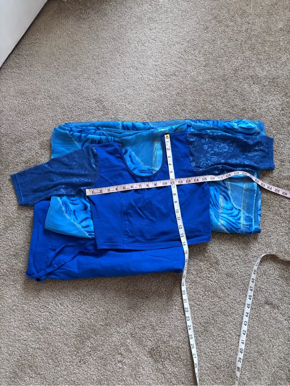 3 pieces set. Blue Patterned Saree with Matching Blouse and inner skirt.